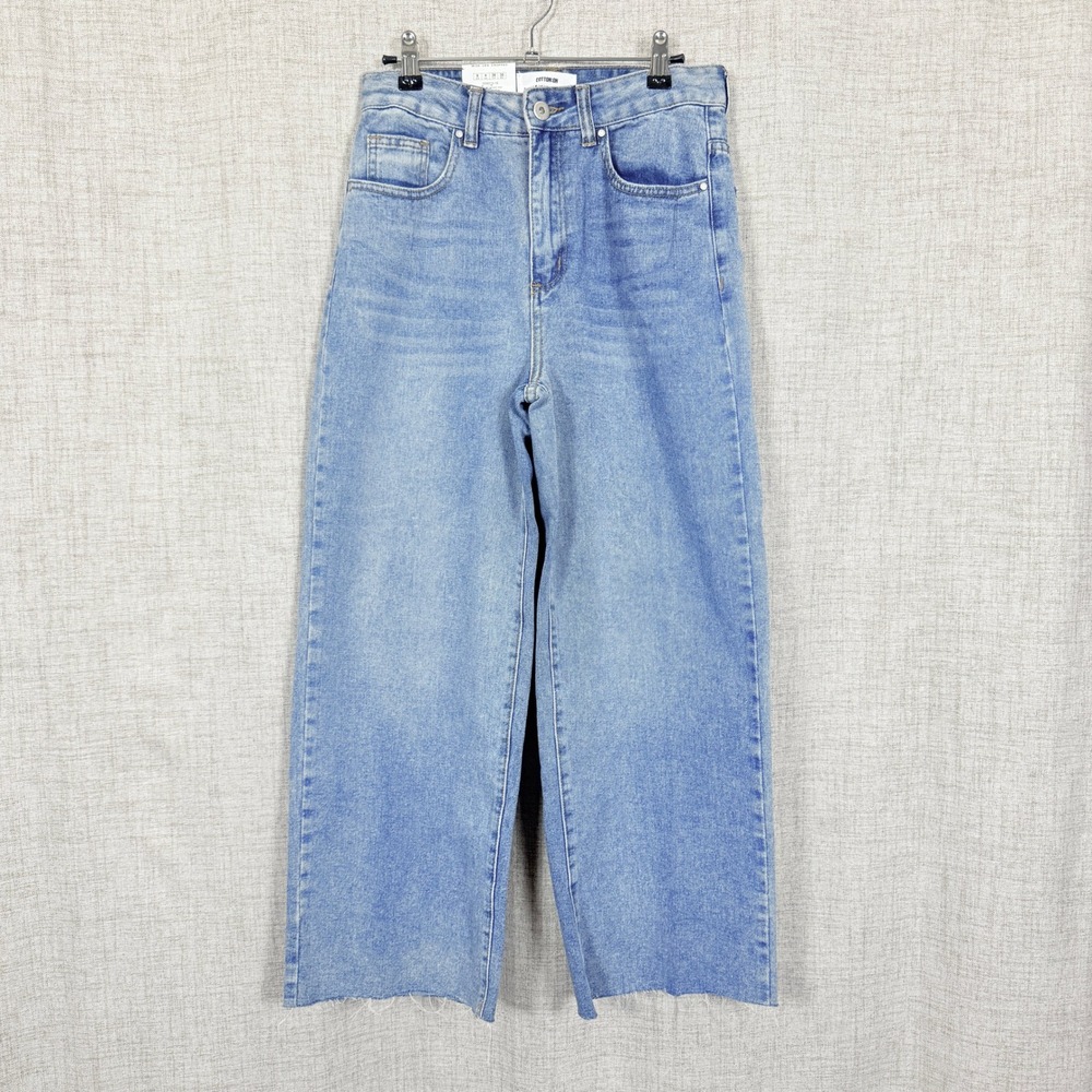 Cotton On Wide Leg Cropped Jeans Sz 4 High Rise Raw Hem Baggy Medium Wash Denim